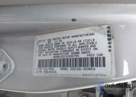 2001 Toyota Corolla Ce z USA, uszkodzony, nr VIN 1NXBR12E31Z496785